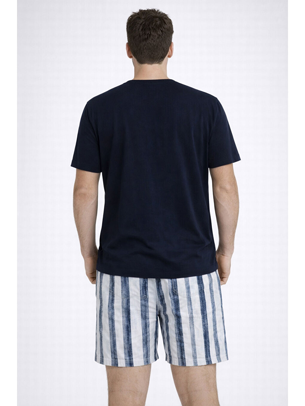 Lacivert Erkek Pamuklu Kısa Kollu Çizgili Cepli Şortlu Pijama Takımı-1
