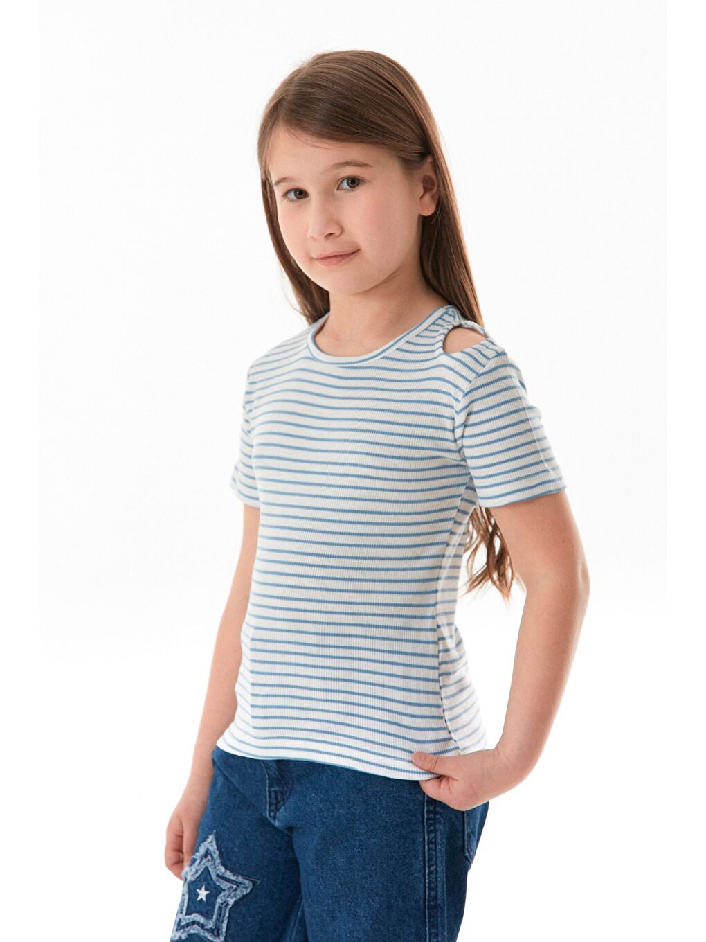 Mavi Omzu Pencere Detaylı Çizgili Kız Çocuk Body-1