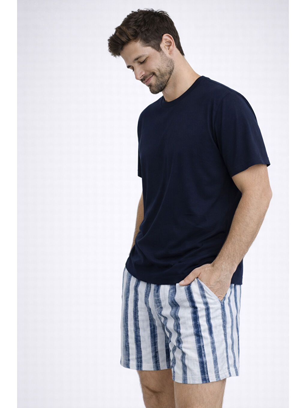 Lacivert Erkek Pamuklu Kısa Kollu Çizgili Cepli Şortlu Pijama Takımı-2