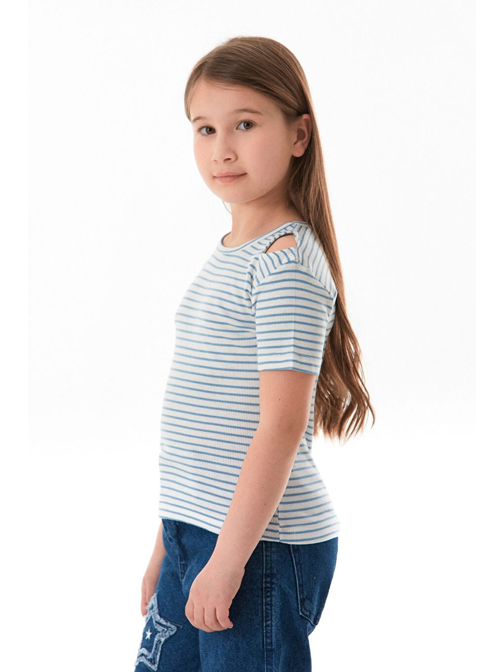 Mavi Omzu Pencere Detaylı Çizgili Kız Çocuk Body-3