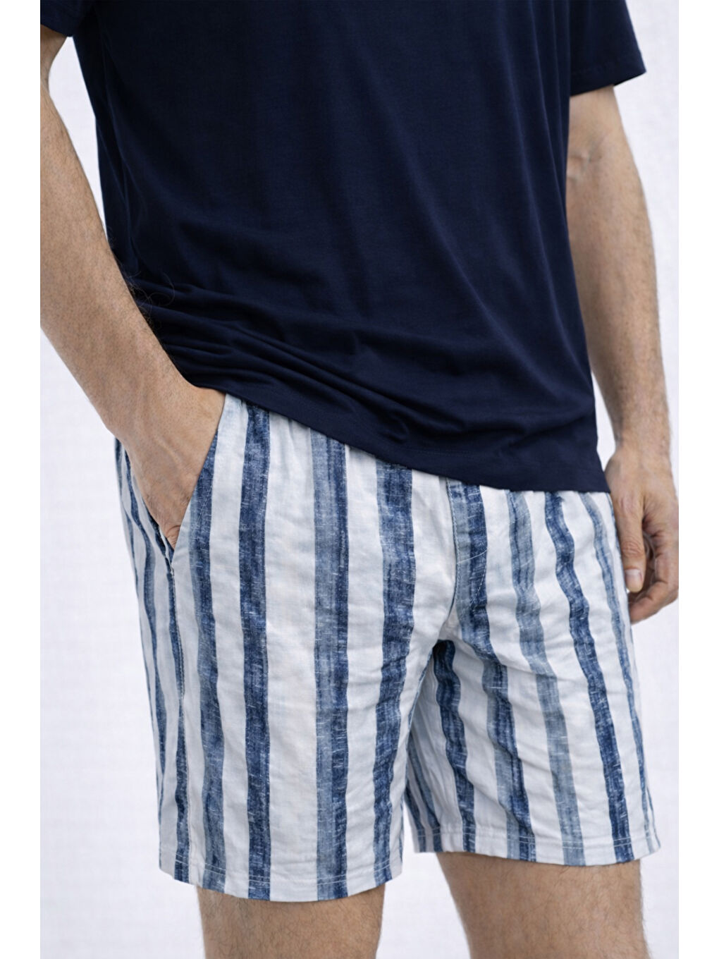 Lacivert Erkek Pamuklu Kısa Kollu Çizgili Cepli Şortlu Pijama Takımı-3