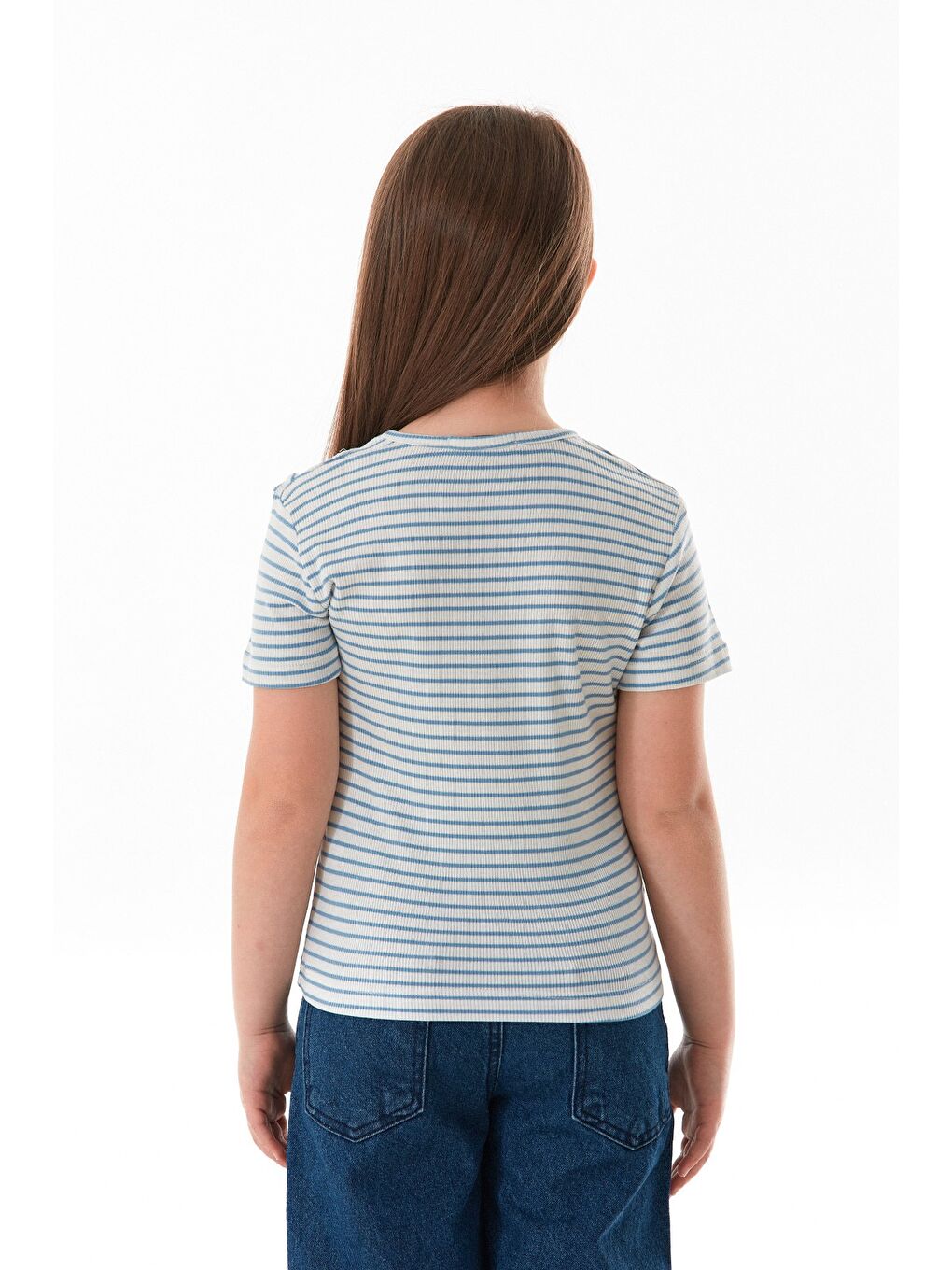 Mavi Omzu Pencere Detaylı Çizgili Kız Çocuk Body-4
