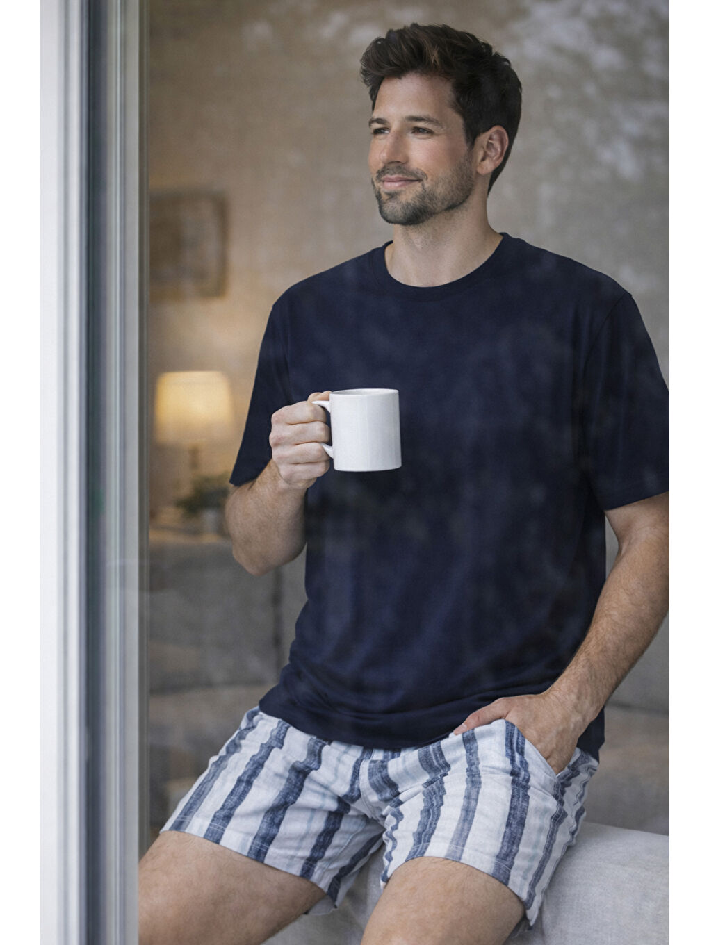 Lacivert Erkek Pamuklu Kısa Kollu Çizgili Cepli Şortlu Pijama Takımı-4