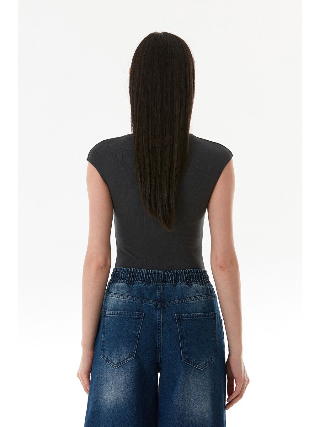 Antrasit Basic Bisiklet Yaka Çıtçıtlı Elastanlı Modal Body-2