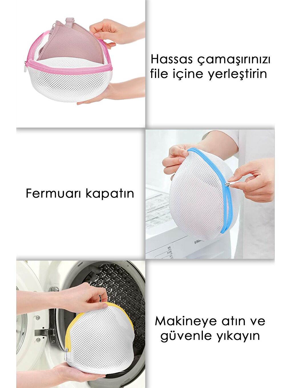 Karışık 3'lü Fermuarlı Sütyen Yıkama Filesi Renkli Fermuarlı İç Çamaşırı Yıkama Aparatı-1