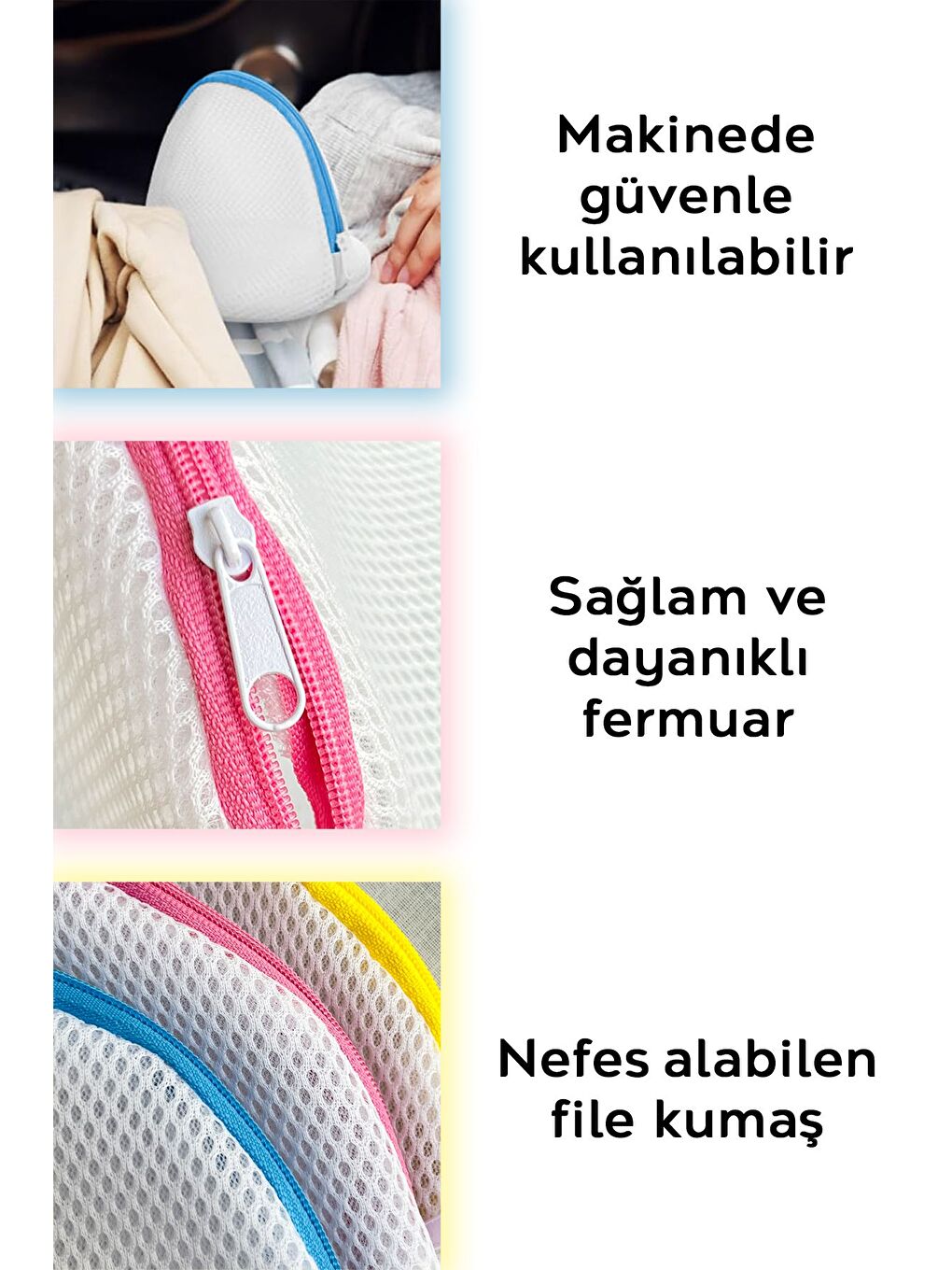Karışık 3'lü Fermuarlı Sütyen Yıkama Filesi Renkli Fermuarlı İç Çamaşırı Yıkama Aparatı-3
