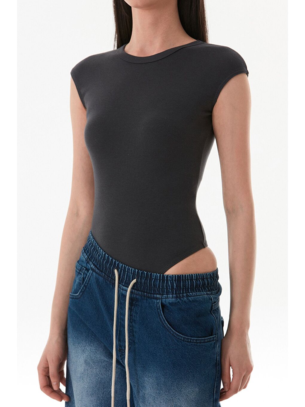 Antrasit Basic Bisiklet Yaka Çıtçıtlı Elastanlı Modal Body-4