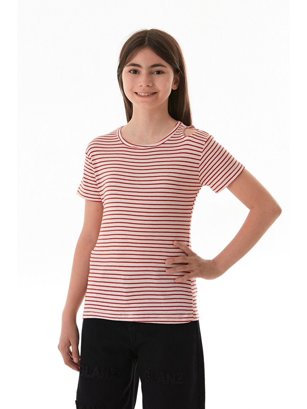 Kırmızı Omzu Pencere Detaylı Çizgili Kız Çocuk Body-1