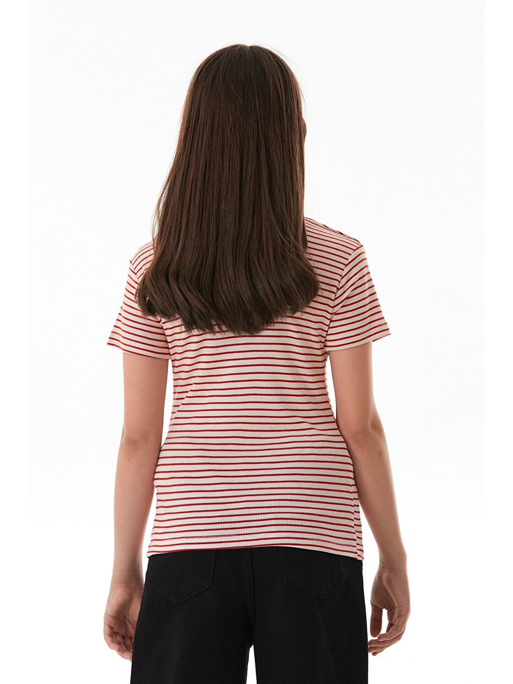 Kırmızı Omzu Pencere Detaylı Çizgili Kız Çocuk Body-3