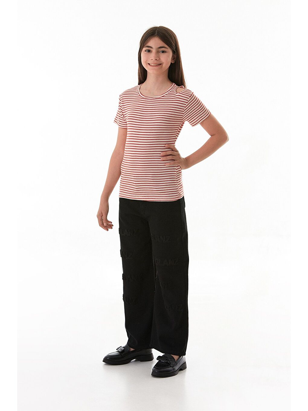 Kırmızı Omzu Pencere Detaylı Çizgili Kız Çocuk Body-4