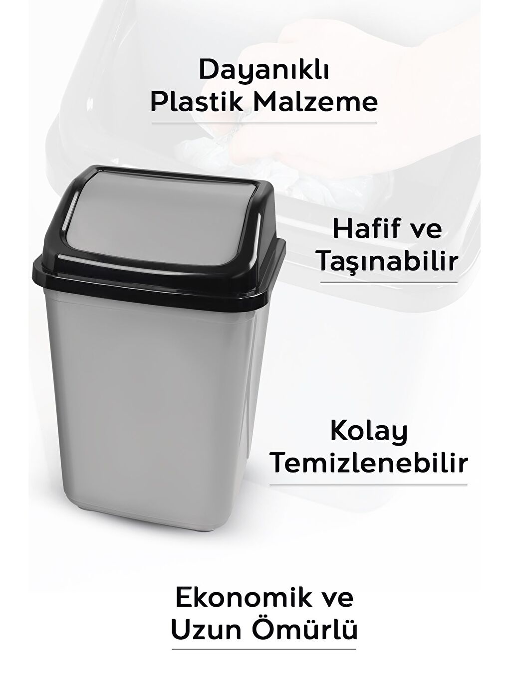 Kapaklı Plastik Çöp Kovası Ev Ofis Banyo Mutfak Çöp Kovası Gri 30 Litre-2