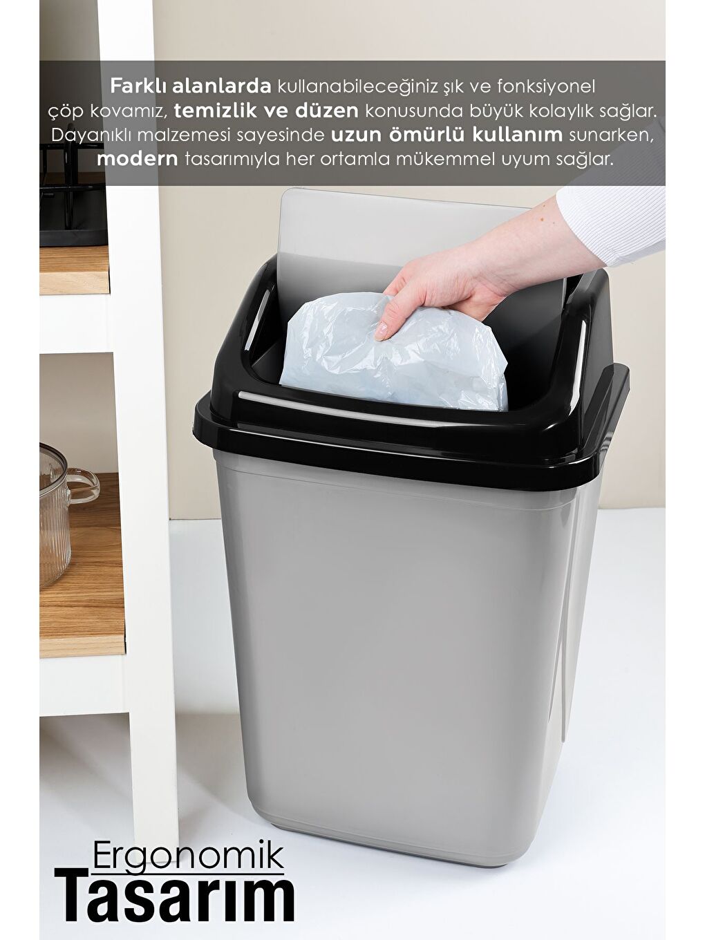 Kapaklı Plastik Çöp Kovası Ev Ofis Banyo Mutfak Çöp Kovası Gri 30 Litre-3