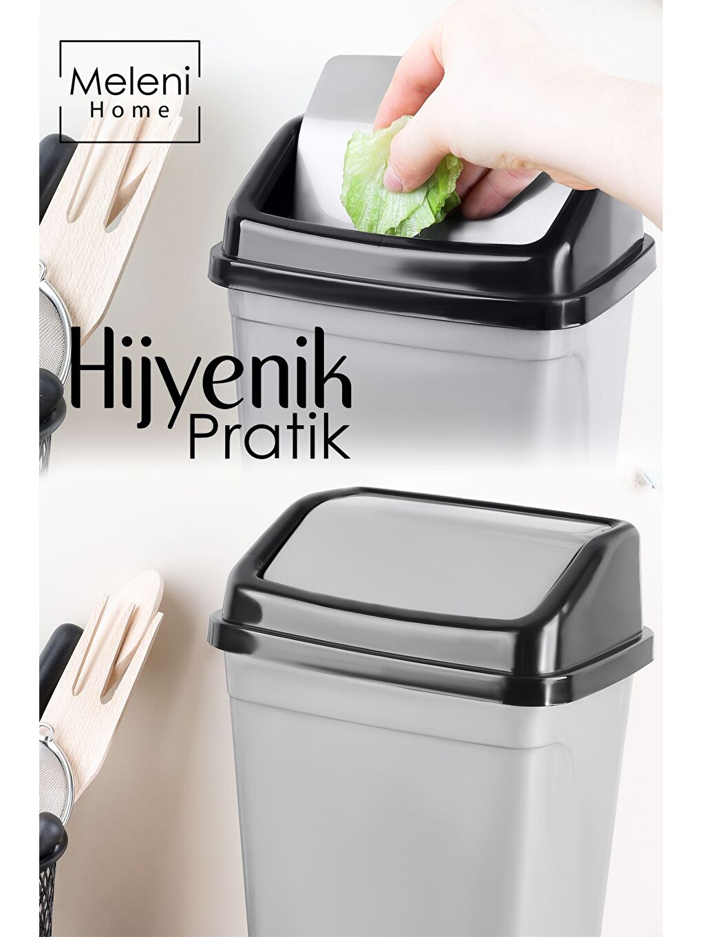 Kapaklı Plastik Çöp Kovası Ev Ofis Banyo Mutfak Tezgah Üstü Çöp Kovası Gri 5'litre-1