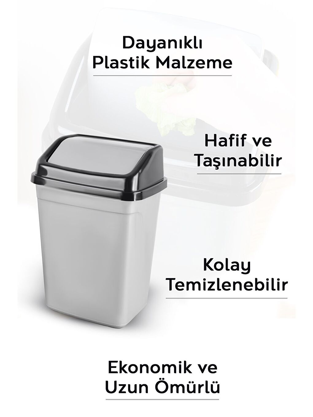 Kapaklı Plastik Çöp Kovası Ev Ofis Banyo Mutfak Tezgah Üstü Çöp Kovası Gri 5'litre-2