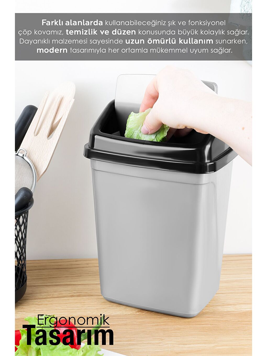 Kapaklı Plastik Çöp Kovası Ev Ofis Banyo Mutfak Tezgah Üstü Çöp Kovası Gri 5'litre-3