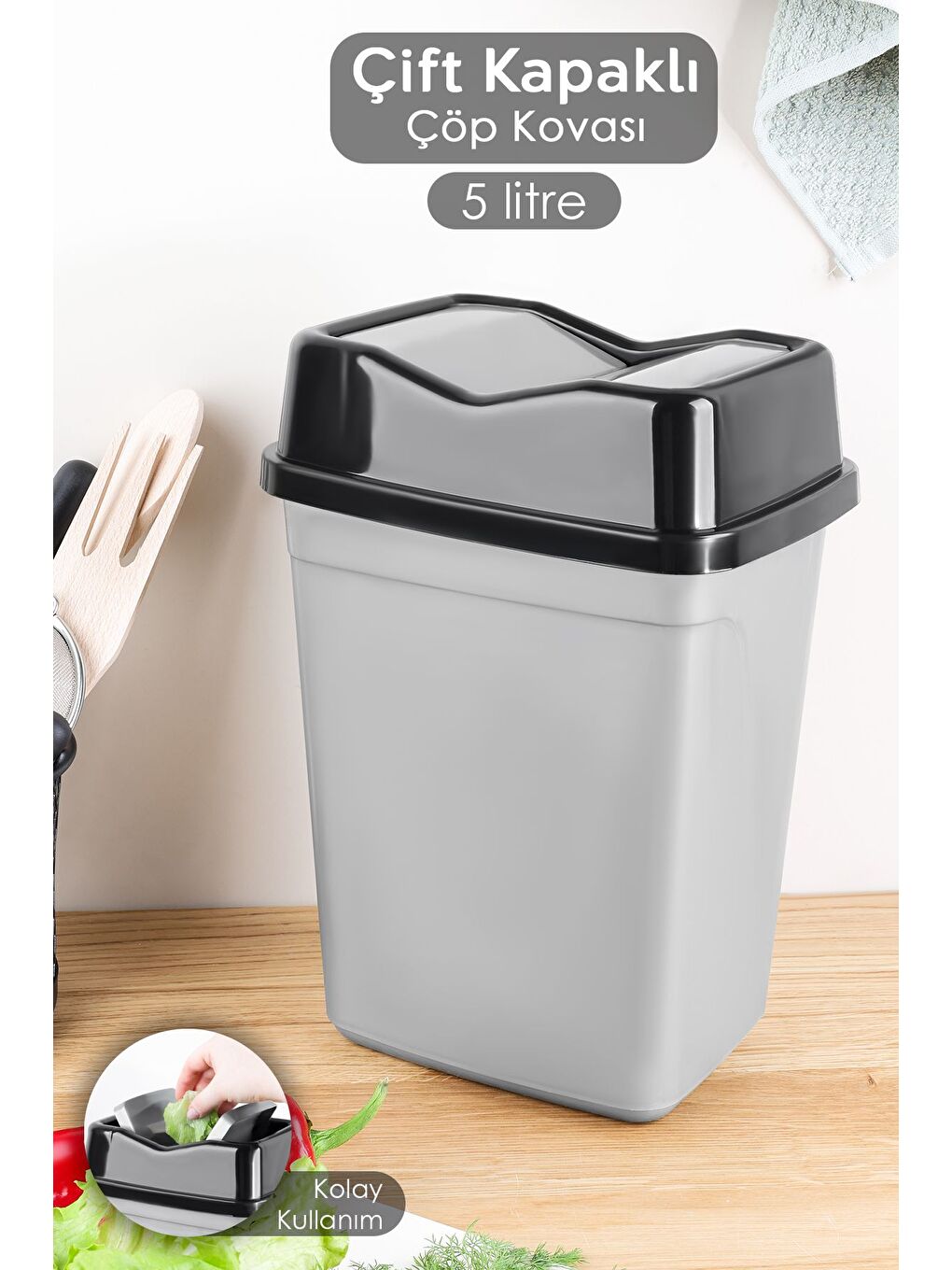 Gri Çift Kapaklı Kelebek Çöp Kovası Tezgah Üstü Çöp Kovası Banyo Mutfak Çöp Kovası 5'litre