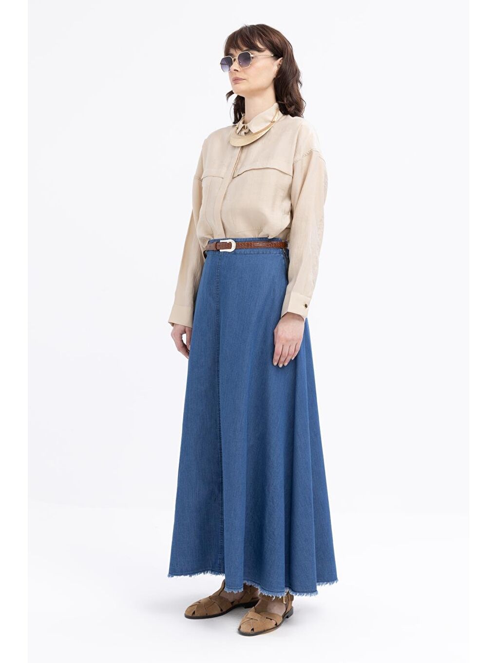 Koyu Mavi-Beli Lastikli Saçaklı Etek-1