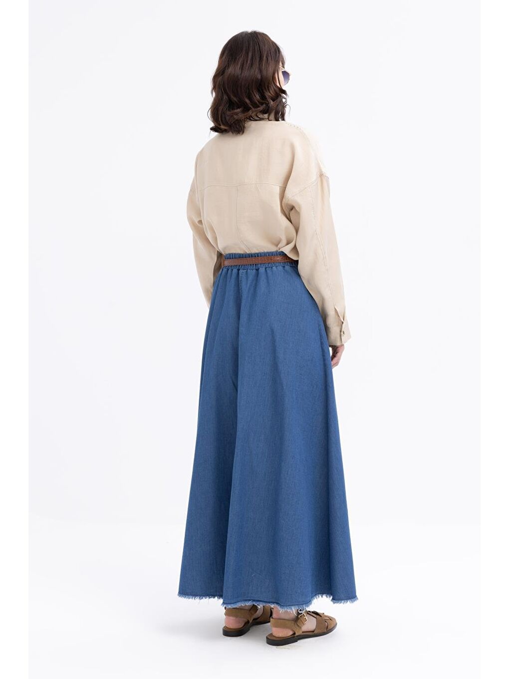 Koyu Mavi-Beli Lastikli Saçaklı Etek-2