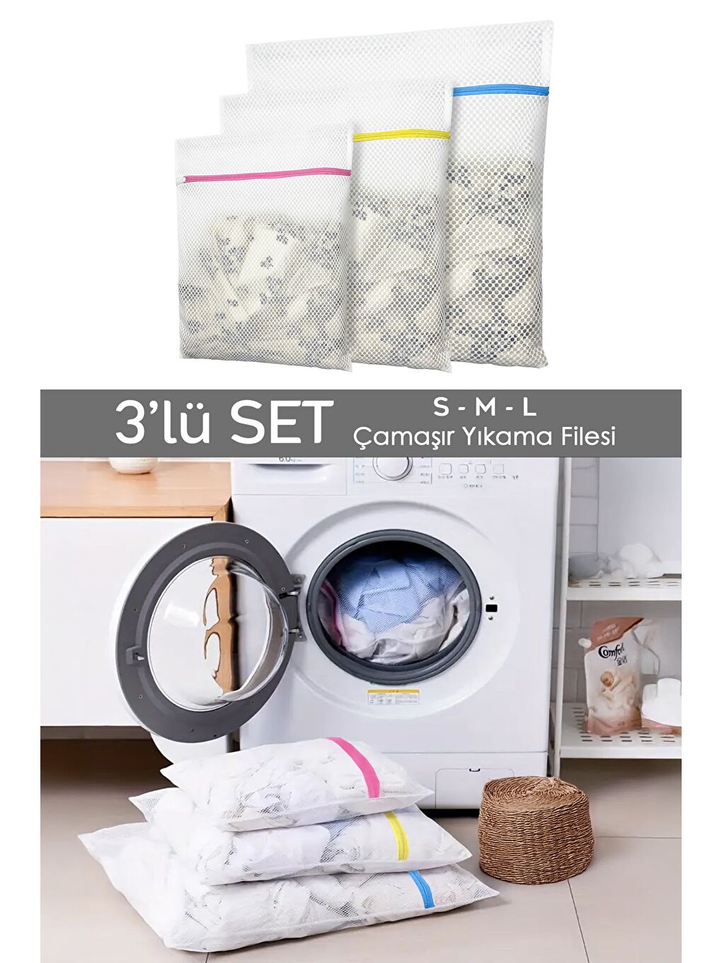Karışık 3'lü Çamaşır Yıkama Filesi Renkli Fermuarlı Koruyucu Çamaşır Yıkama Torbası Farklı Boy