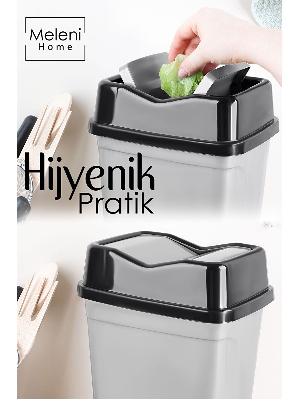 Gri Çift Kapaklı Kelebek Çöp Kovası Tezgah Üstü Banyo Mutfak Ofis Çöp Kovası 2,5 lt'litre-1