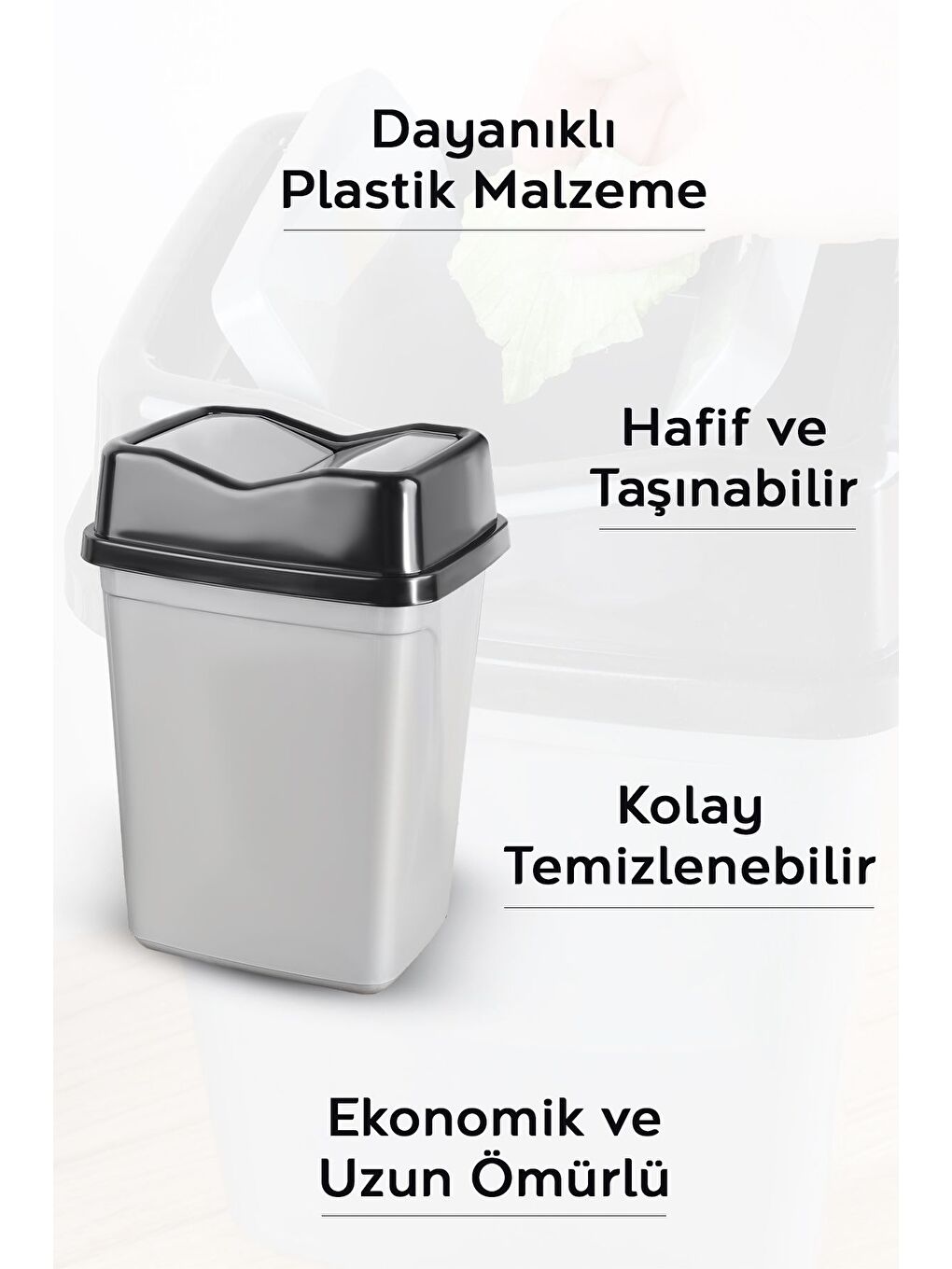Gri Çift Kapaklı Kelebek Çöp Kovası Tezgah Üstü Banyo Mutfak Ofis Çöp Kovası 2,5 lt'litre-2