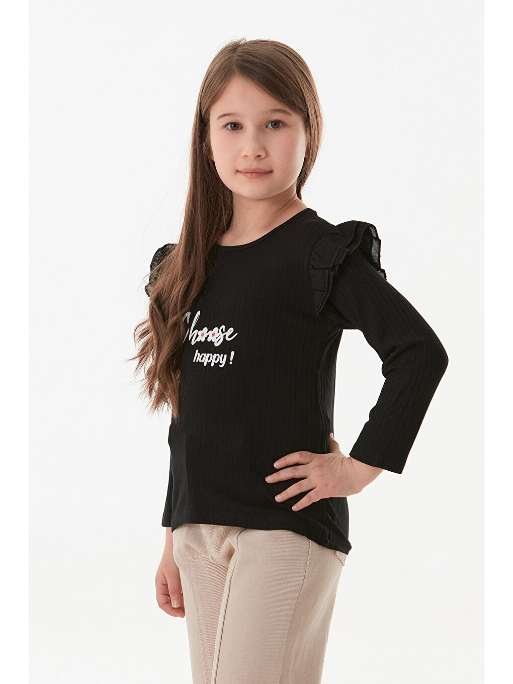 Siyah Fitilli Choose Happy Baskılı Kolu Fırfırlı Kız Çocuk Body