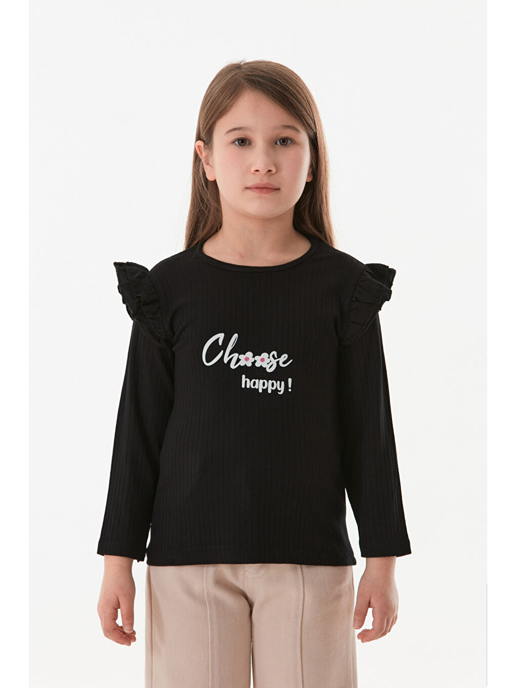 Siyah Fitilli Choose Happy Baskılı Kolu Fırfırlı Kız Çocuk Body-1