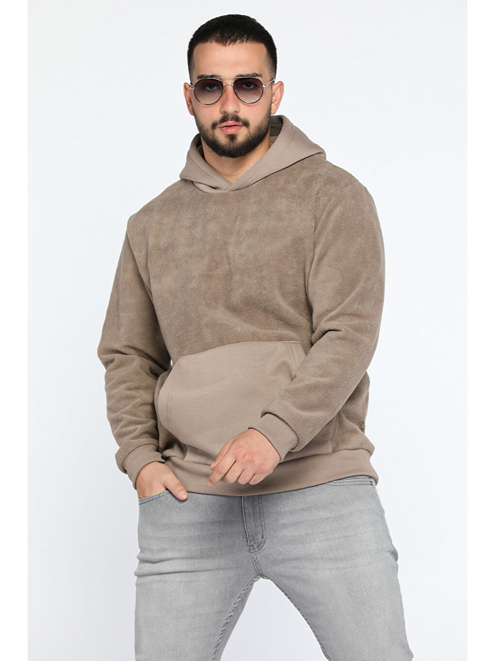 Mishar İtalia Bej Erkek Kapüşonlu Kanguru Cepli Polar Sweatshirt