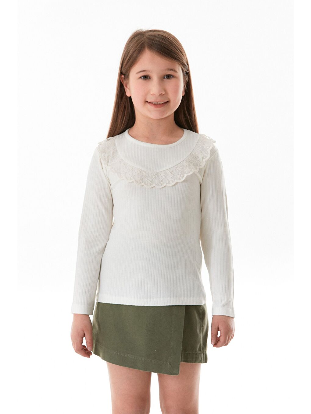 Ekru Fitilli Önü Fırfırlı Elastanlı Kız Çocuk Body