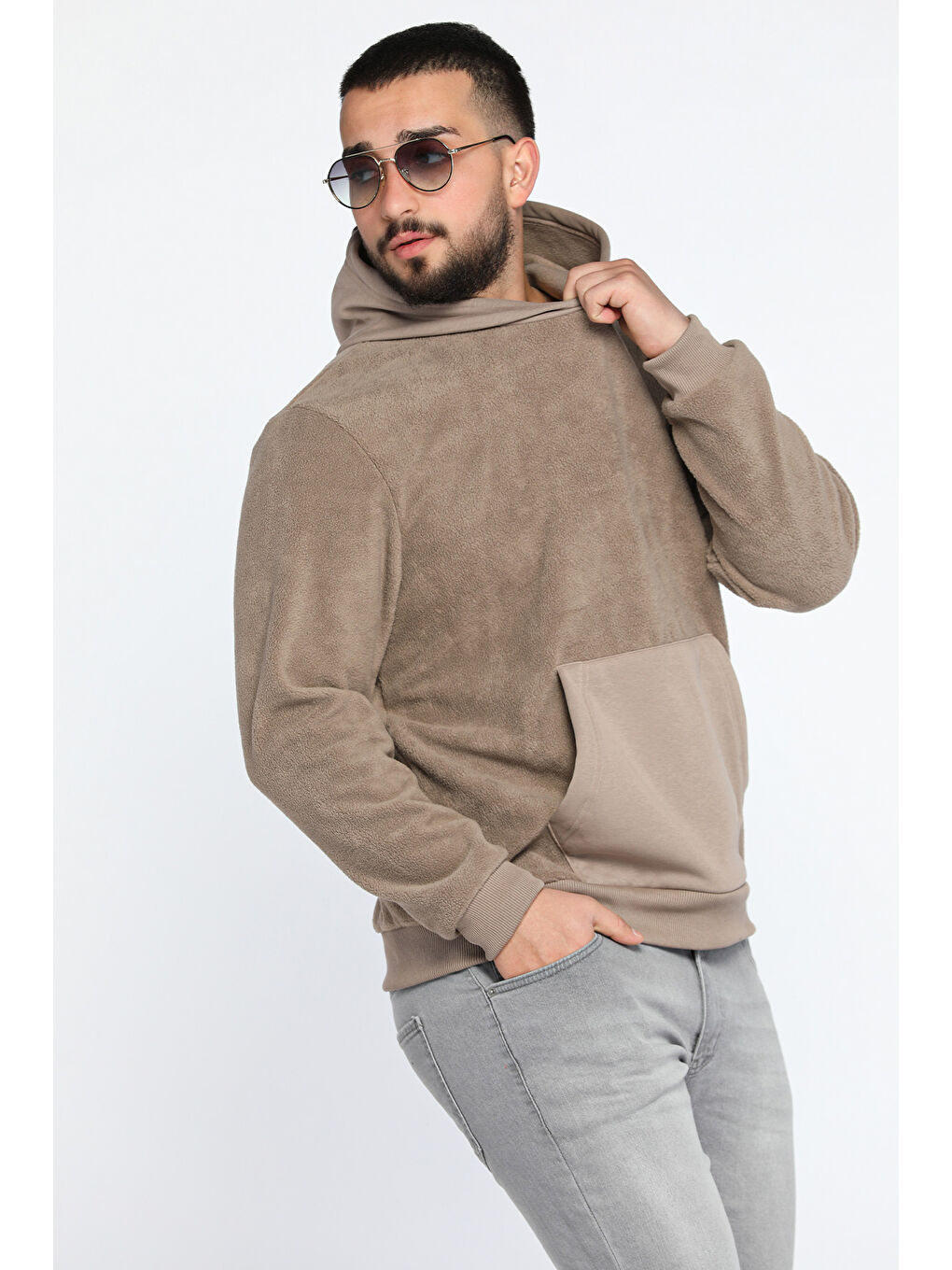 Mishar İtalia Bej Erkek Kapüşonlu Kanguru Cepli Polar Sweatshirt - 1