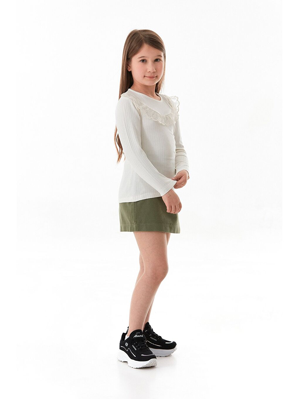 Ekru Fitilli Önü Fırfırlı Elastanlı Kız Çocuk Body-4