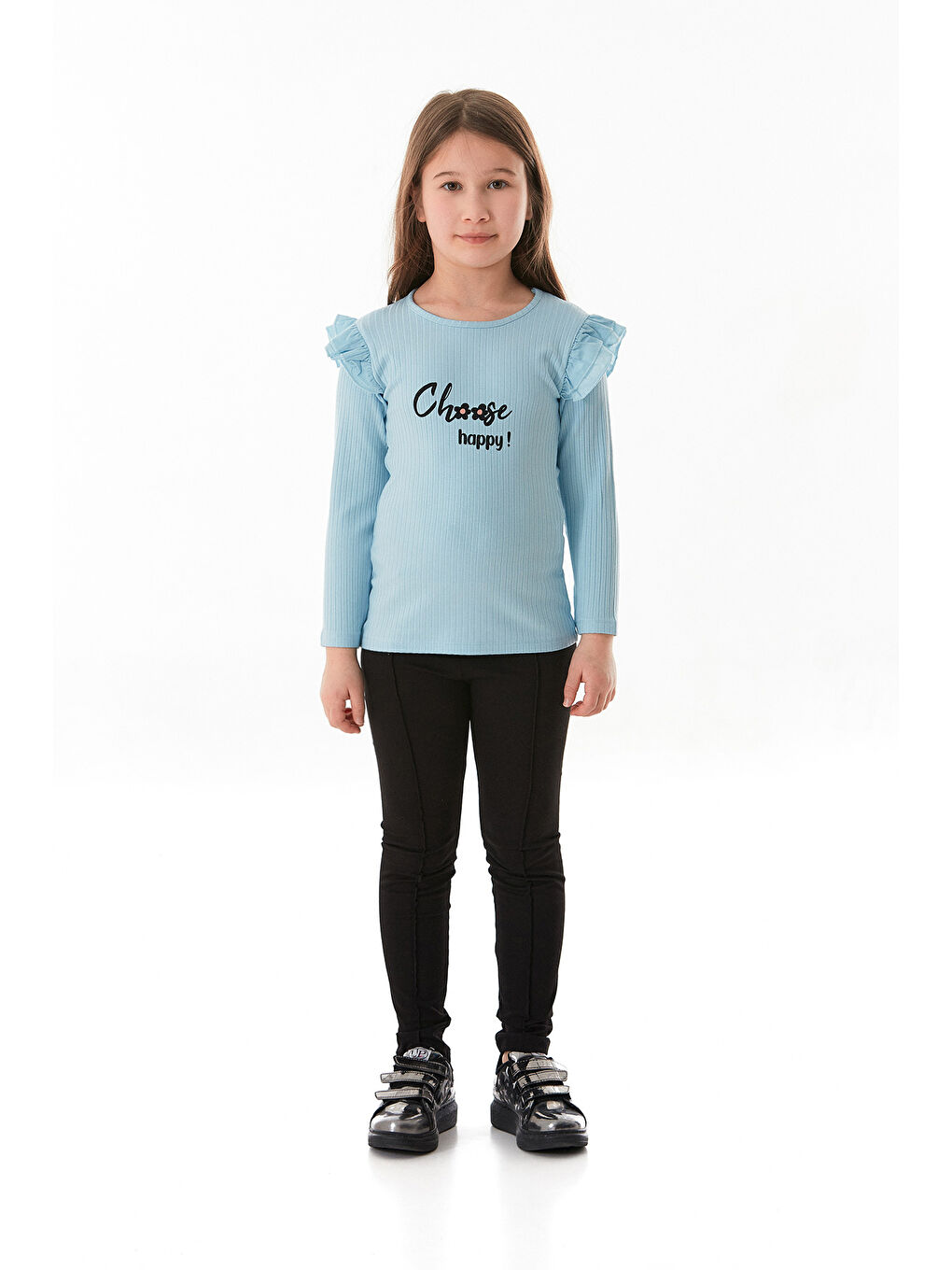 Mavi Fitilli Choose Happy Baskılı Kolu Fırfırlı Kız Çocuk Body-1