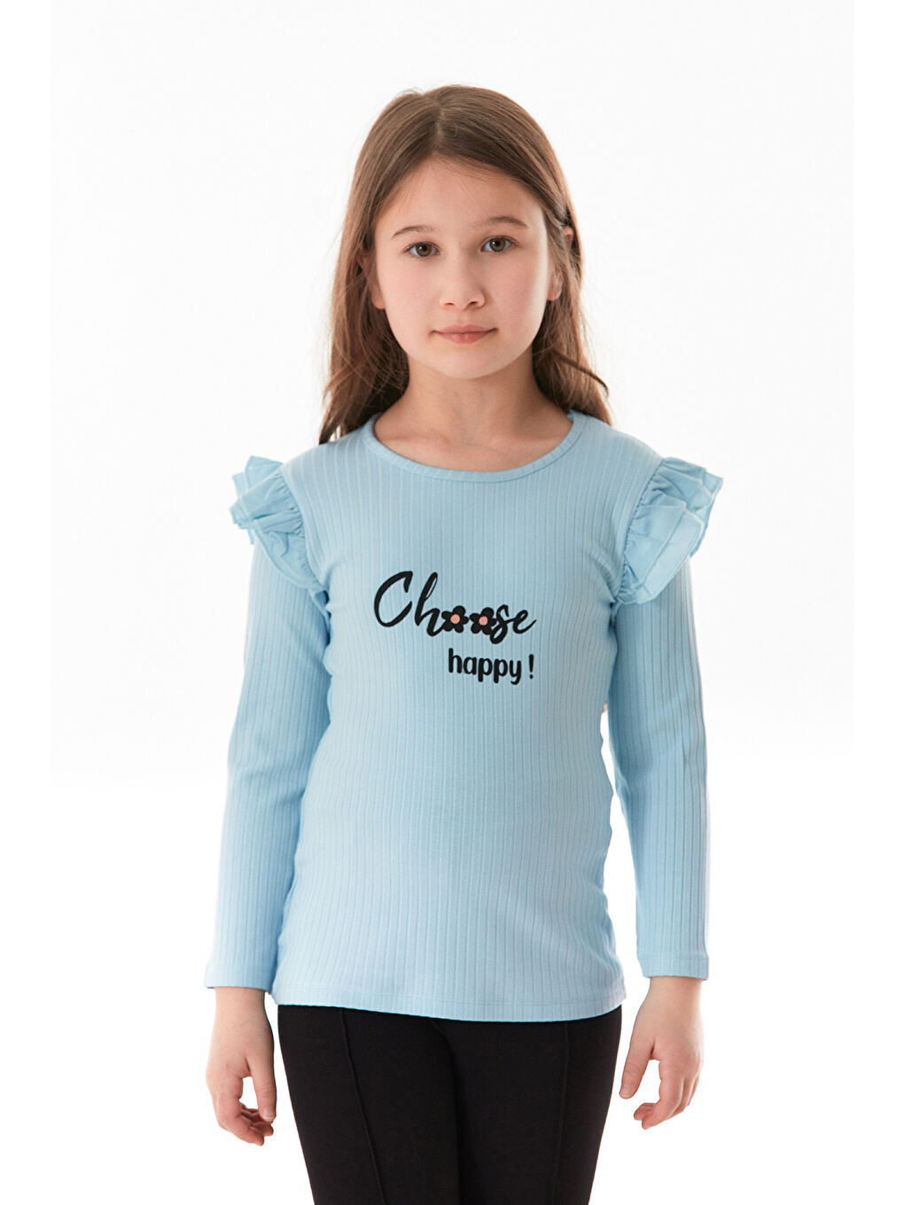 Mavi Fitilli Choose Happy Baskılı Kolu Fırfırlı Kız Çocuk Body-2