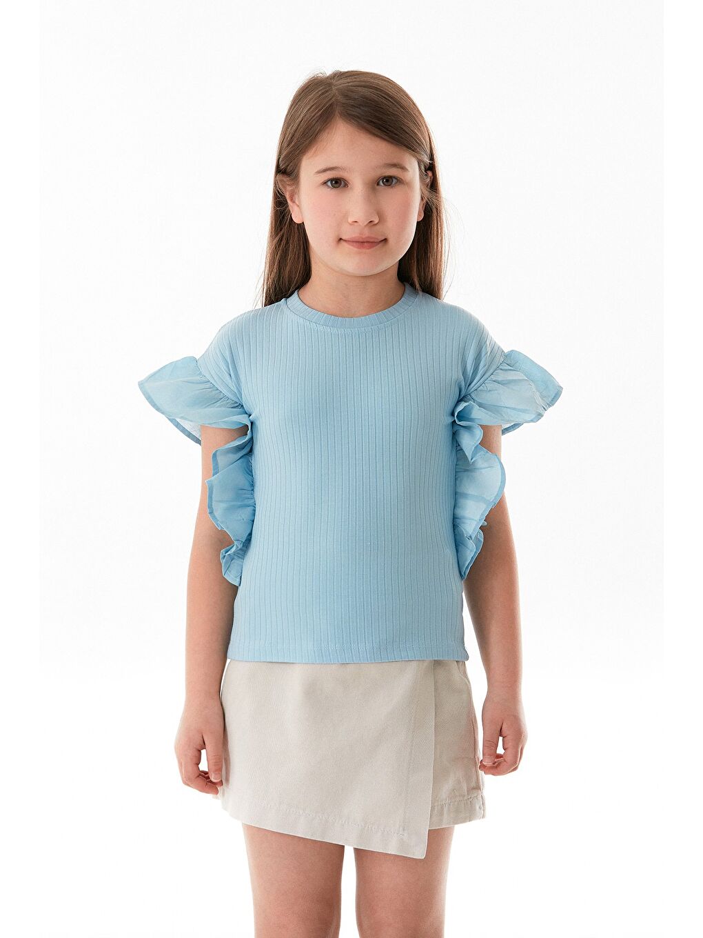 Mavi Fitilli Kolları Volanlı Kız Çocuk Body