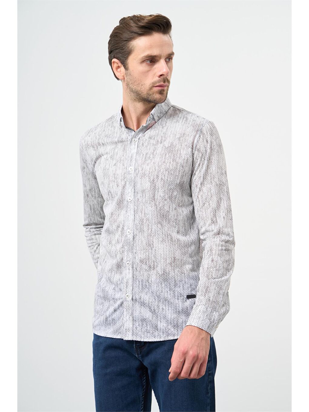 Koyu Haki Uzun Kol Balıksırtı Desen Örme Düğmeli Yaka  Slim Fit Dar Kesim Klasik Gömlek 1004220957-1
