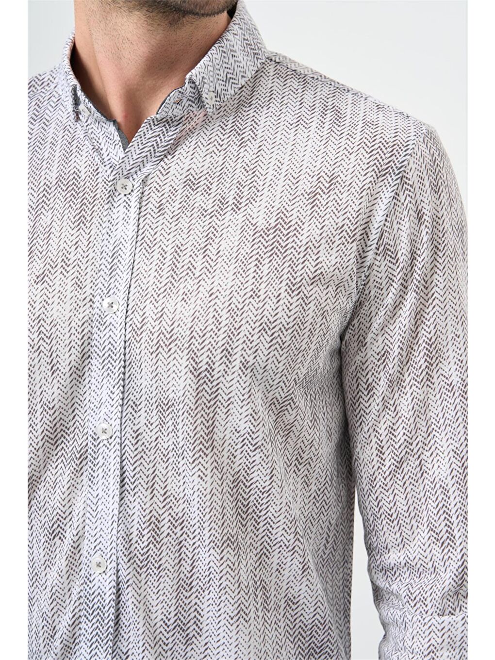Koyu Haki Uzun Kol Balıksırtı Desen Örme Düğmeli Yaka  Slim Fit Dar Kesim Klasik Gömlek 1004220957-2