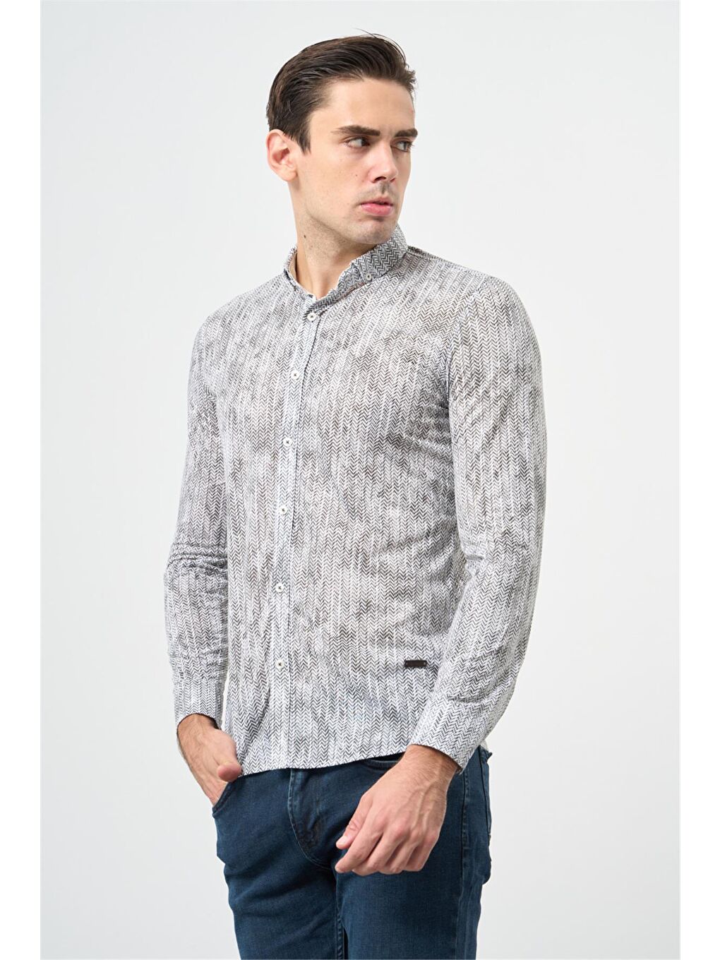 Koyu Haki Uzun Kol Balıksırtı Desen Örme Düğmeli Yaka  Slim Fit Dar Kesim Klasik Gömlek 1004220957-5