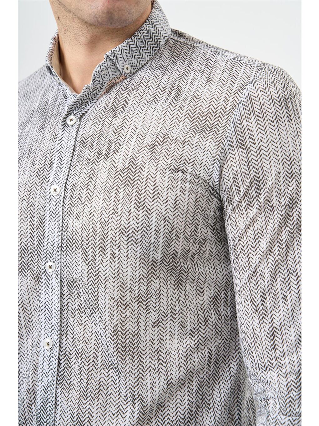 Koyu Haki Uzun Kol Balıksırtı Desen Örme Düğmeli Yaka  Slim Fit Dar Kesim Klasik Gömlek 1004220957-6
