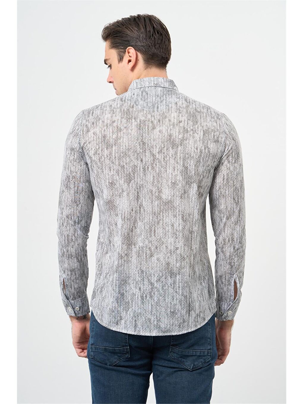 Koyu Haki Uzun Kol Balıksırtı Desen Örme Düğmeli Yaka  Slim Fit Dar Kesim Klasik Gömlek 1004220957-7