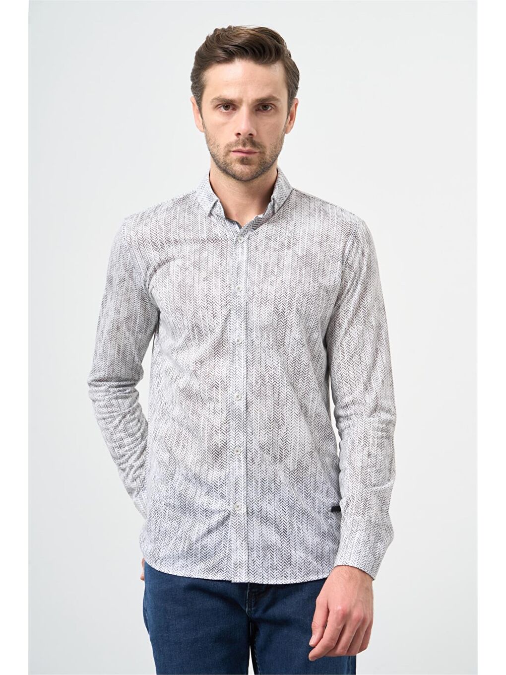 Koyu Haki Uzun Kol Balıksırtı Desen Örme Düğmeli Yaka  Slim Fit Dar Kesim Klasik Gömlek 1004220957-9