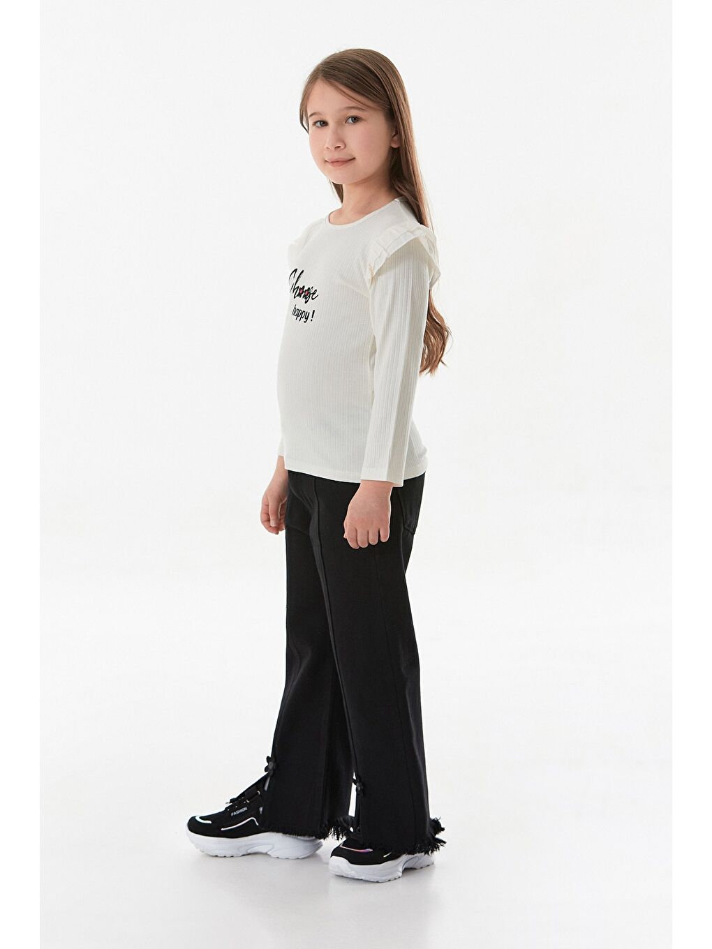 Ekru Fitilli Choose Happy Baskılı Kolu Fırfırlı Kız Çocuk Body-1