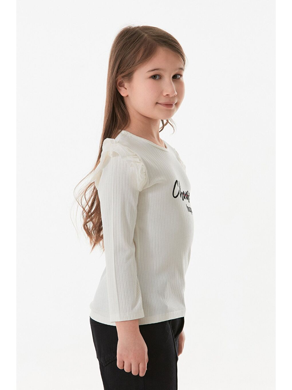 Ekru Fitilli Choose Happy Baskılı Kolu Fırfırlı Kız Çocuk Body-2