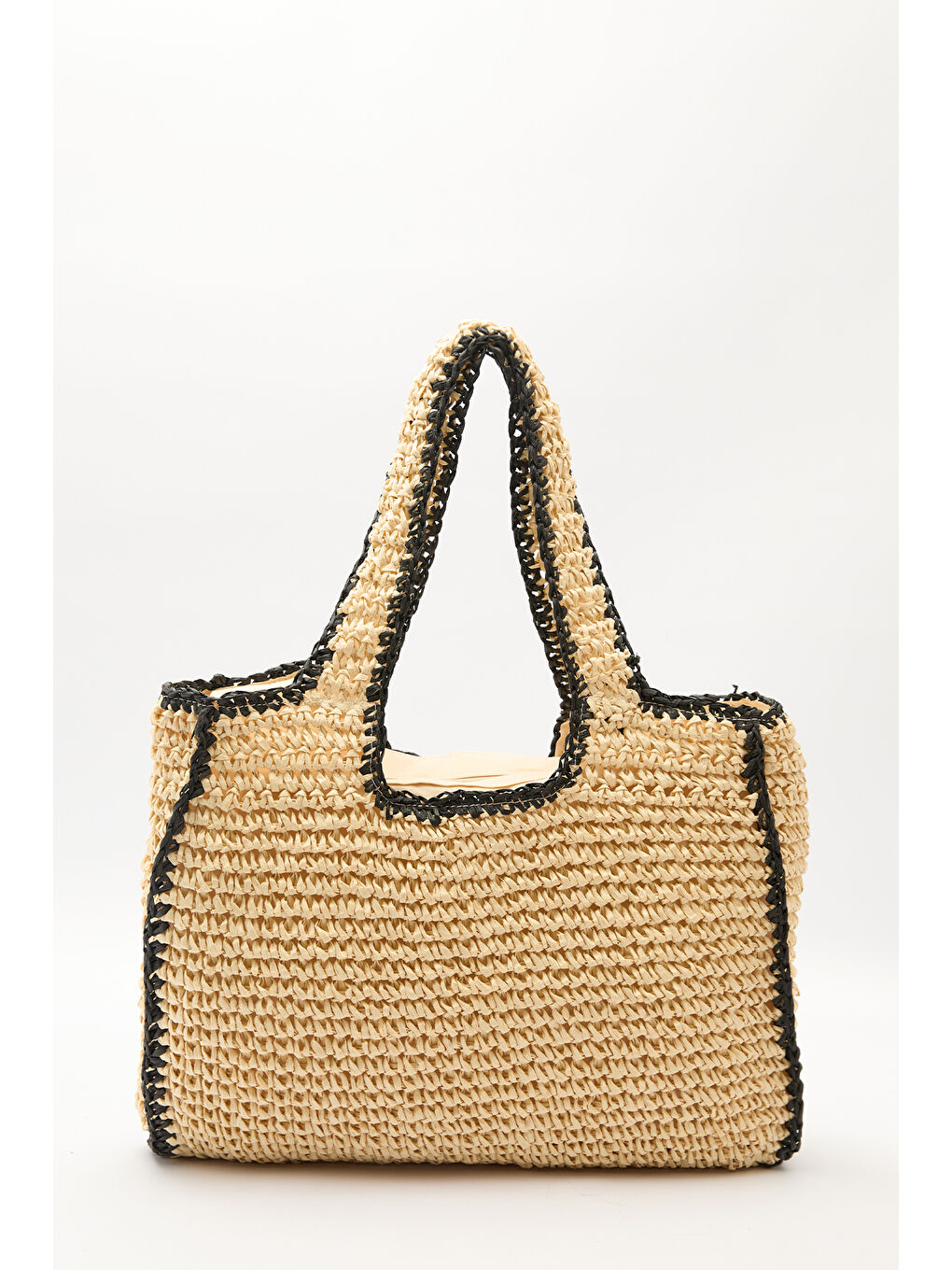 Kontrast Detaylı Hasır Çanta Bej-Siyah Çizgili-2