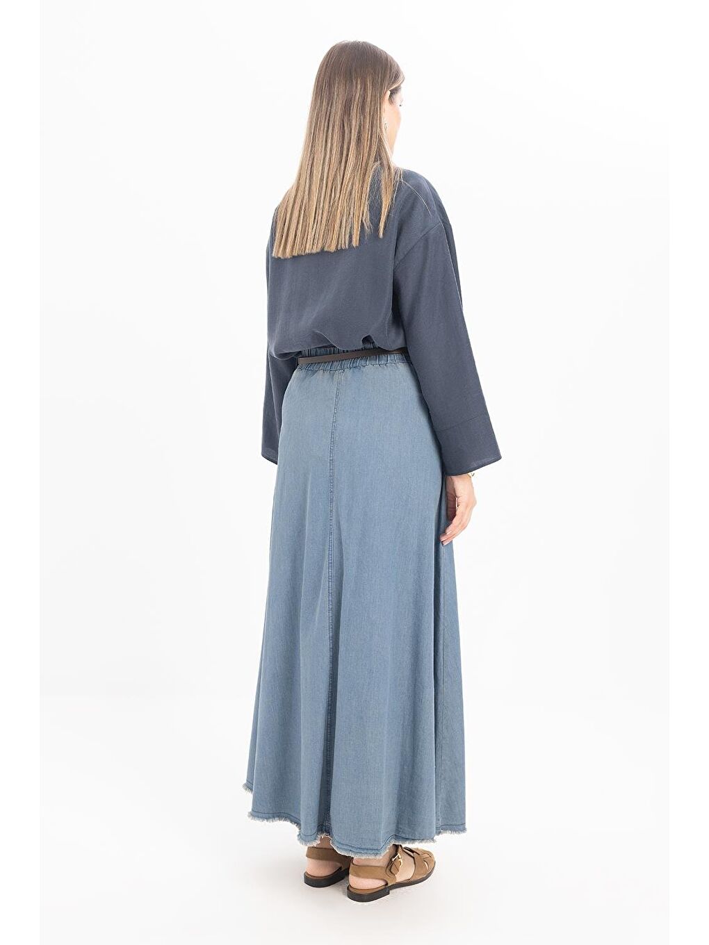 Beyaz Açık Mavi-Beli Lastikli Saçaklı Etek-2