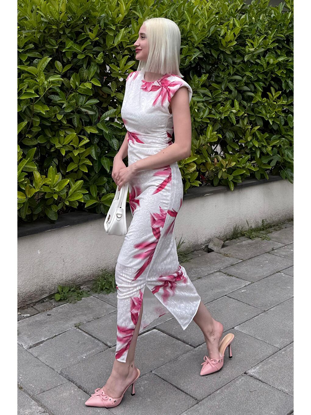 Pembe Desenli Midi Boy Kadın Elbise Mg2464-2