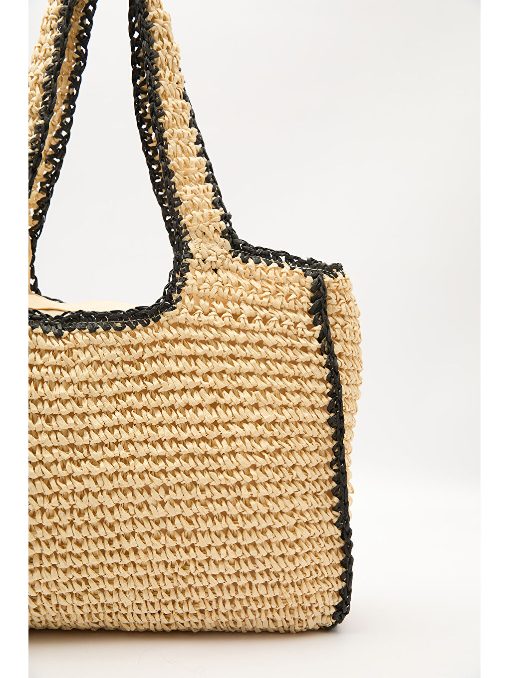 Kontrast Detaylı Hasır Çanta Bej-Siyah Çizgili-3