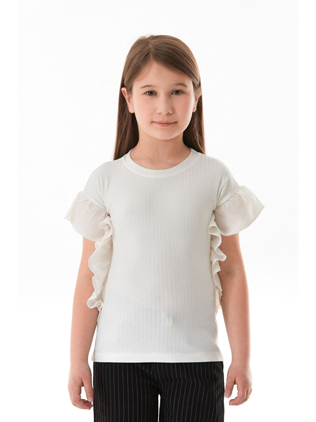 Ekru Fitilli Kolları Volanlı Kız Çocuk Body