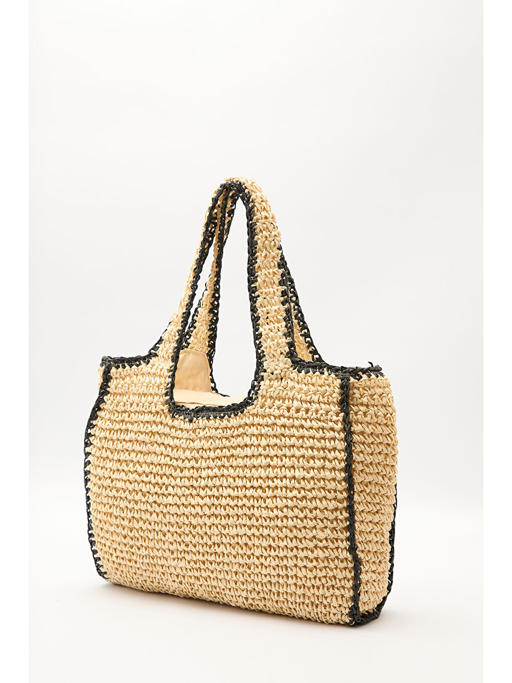 Kontrast Detaylı Hasır Çanta Bej-Siyah Çizgili-4