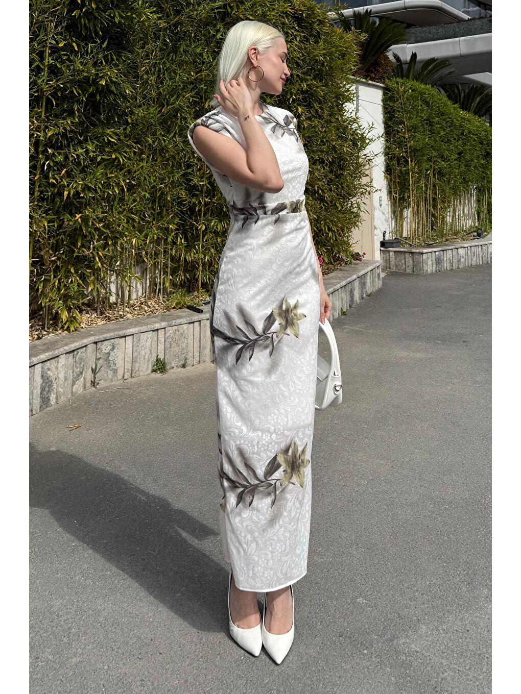 Yeşil Desenli Midi Boy Kadın Elbise Mg2464-4