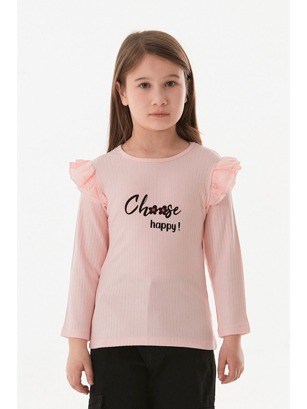 Pembe Fitilli Choose Happy Baskılı Kolu Fırfırlı Kız Çocuk Body